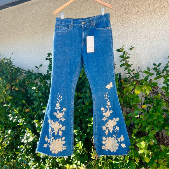 Gucci Embroidered Flared Jeans High Rise Floral Blue Denim Pants Size 28 NWT - Picture 2 of 11